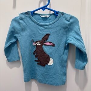 Baby Boden Blue Long-Sleeve Top with Brown Bunny Appliqué